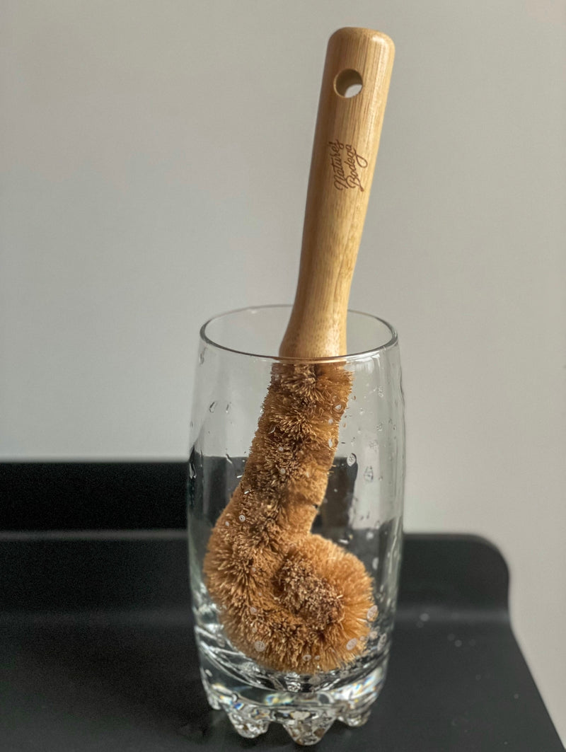 bamboo bottle brush easy to clean tall glasses. made with natural bristles. long lasting, zero waste, plastic free