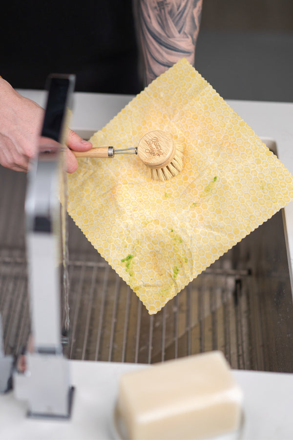 cleaning avocado off a  beeswax wrap with a bamboo dish brush. sustainable, eco friendly and plastic free